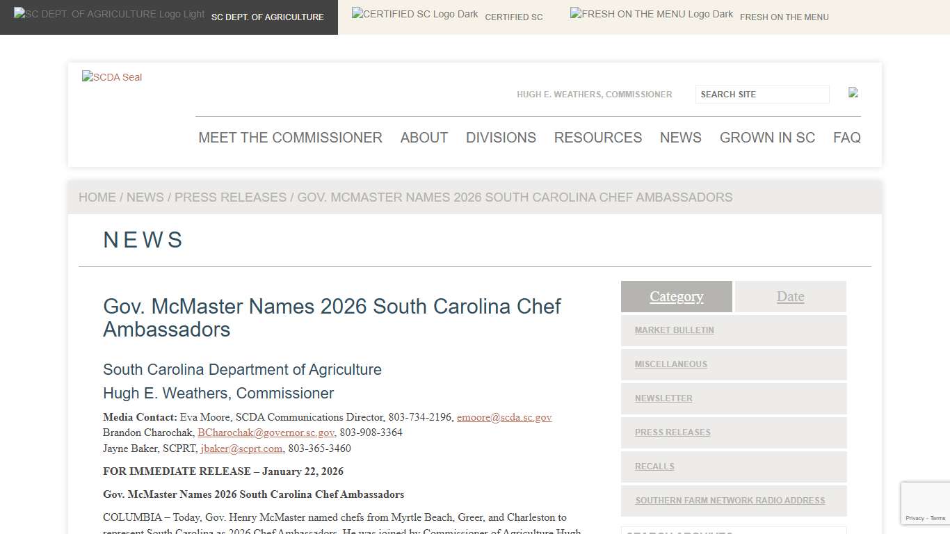 Gov. McMaster Names 2026 South Carolina Chef Ambassadors - South Carolina Department of Agriculture